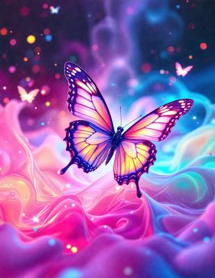The primary subject of the image is a butterfly, which is the main focus of the scene. The butterfly is perched on a pink and purple background, which creates a vibrant and colorful atmosphere. The visual style of the image is digital art, as it appears to be a digital illustration or drawing. The colors and mood of the image are predominantly pink and purple, giving it a warm and inviting feel.