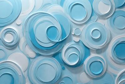 The primary subject of the image is a large blue wall with a pattern of circles and ovals. The setting is a room with a blue background, and the visual style appears to be a combination of digital art and illustration. The dominant colors are blue and white, creating a calm and soothing atmosphere.