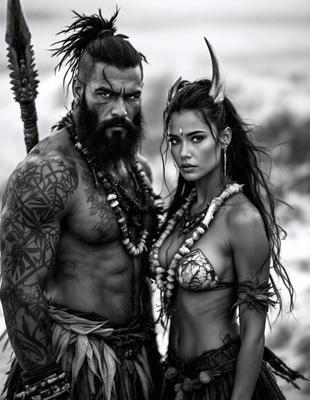 The primary subject of the image is a man and a woman standing together. The man is wearing a beard and has a tattoo on his arm. The woman is wearing a necklace and has a tattoo on her arm as well. They are both dressed in a style that resembles ancient Egyptian clothing. The setting is a desert-like environment, with a sandy surface visible in the background. The visual style of the image is a black and white photo, giving it a classic and timeless appearance
