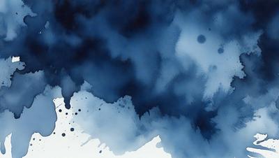 The primary subject of the image is a blue and white painting of a cloudy sky. The setting is a blue background, and the visual style appears to be a watercolor painting. The colors and mood of the painting are predominantly blue and white, creating a serene and calming atmosphere.