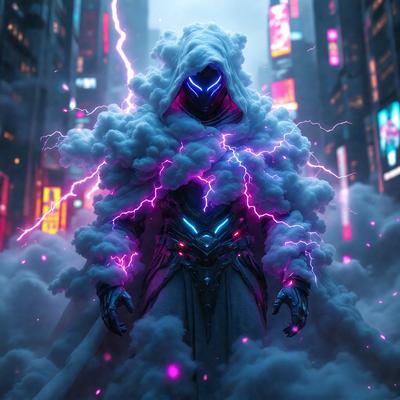 The primary subject of the image is a person wearing a white robe with a hood, standing in a city environment. The person appears to be a character from a video game, possibly a superhero or a character with a futuristic design. The setting includes a cityscape with buildings and neon lights, creating a vibrant and lively atmosphere. The visual style of the image is a combination of photo and digital art, giving it a unique and intriguing appearance. The colors and mood of the image