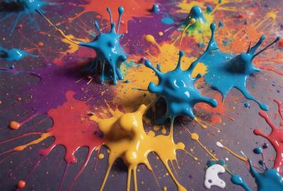 The primary subject of the image is a colorful painting or artwork, featuring a variety of colors and patterns. The setting is a table, and the visual style appears to be a combination of photo and digital art. The colors and mood of the image are vibrant and lively, with a focus on the artistic expression and creativity.