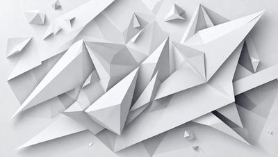 The primary subject of the image is a large, intricate, and detailed white geometric pattern. The pattern is composed of multiple triangles and other geometric shapes, creating a visually striking and complex design. The setting is a white background, which provides a clean and uncluttered environment for the pattern to stand out. The visual style of the image is a combination of digital art and illustration, showcasing the artist's skill in creating a detailed and intricate design. The colors and mood of the image are predominantly