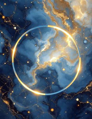 The primary subject of the image is a blue circle with a yellow ring around it. The setting is a blue background, and the visual style appears to be a digital art or illustration. The dominant colors are blue and yellow, creating a calm and serene atmosphere.