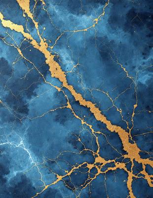 The primary subject of the image is a blue and gold marbled surface, which appears to be a wall or a table. The setting is a room with a blue and gold marbled wall or table, and the visual style is a combination of photo and digital art. The colors and mood of the image are predominantly blue and gold, creating a luxurious and elegant atmosphere.