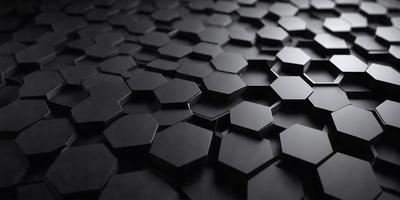 The primary subject of the image is a black and white pattern of hexagons. The setting is a black background, and the visual style appears to be a digital art or illustration. The dominant colors are black and white, creating a bold and striking pattern. The overall atmosphere of the image is modern and minimalistic.