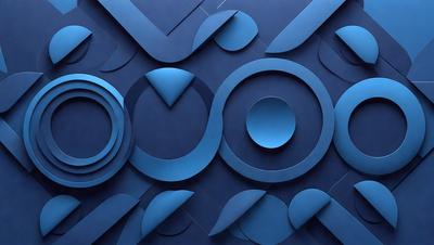 The primary subject of the image is a blue wall with a pattern of blue circles and triangles. The setting is a room with a blue background, and the visual style appears to be a combination of digital art and illustration. The dominant colors are blue, and the overall atmosphere is calm and visually appealing.