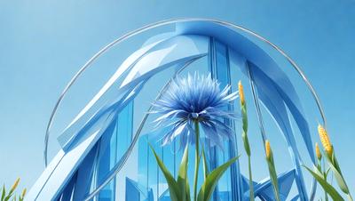 The primary subject of the image is a blue flower, which is the main focus of the scene. The setting is a large glass building, with the flower placed in front of a window. The visual style of the image is digital art, as it appears to be a computer-generated or digitally manipulated image. The dominant colors in the image are blue and white, creating a calm and serene atmosphere.