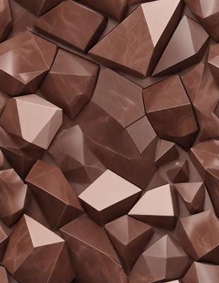 The primary subject of the image is a large, intricate pattern made up of various shapes, including triangles and squares. The setting is a brown surface, possibly a wall or a piece of artwork. The visual style is a combination of digital art and illustration, creating a unique and eye-catching design. The dominant colors in the image are brown and beige, giving the pattern a warm and earthy tone.