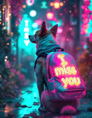 The primary subject of the image is a small dog wearing a backpack. The dog is standing on a sidewalk, and the backpack has the words "I miss you" written on it. The setting appears to be a city street at night, with a pink glow illuminating the area. The visual style of the image is a combination of photo and digital art, creating a unique and eye-catching scene. The colors and mood of the image are predominantly pink, which adds a sense of warm