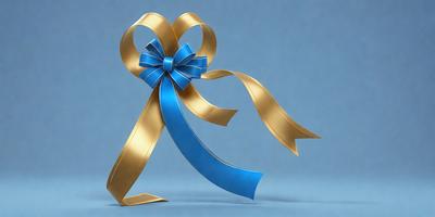 The primary subject of the image is a blue bow with gold ribbon. The setting is a blue background, and the visual style appears to be a digital art or illustration. The colors and mood of the image are predominantly blue and gold, creating a sense of elegance and sophistication.