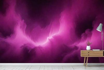 The primary subject of the image is a large, purple, swirling mural on the wall. The setting is a room with a wooden table and a person sitting at the table. The visual style appears to be a painting or a digital artwork, creating a vibrant and dynamic atmosphere. The dominant colors are purple and pink, giving the mural a swirling and captivating appearance.
