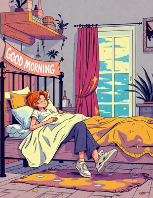 The primary subject of the image is a woman lying in bed, possibly sleeping or resting. The setting is a bedroom with a bed, a window, and a potted plant. The visual style is a comic or cartoon-like illustration, with the woman depicted in a colorful and whimsical manner. The colors and mood of the image are bright and cheerful, with the woman's red hair adding a pop of color to the scene.