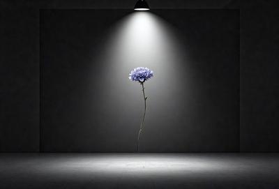 The primary subject of the image is a single purple flower, which is the main focus of the scene. The setting is a white wall, and the visual style appears to be a photo. The dominant colors in the image are white and purple, creating a calm and serene atmosphere.