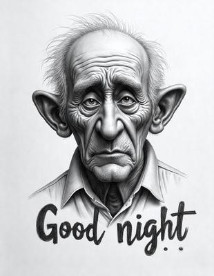 The primary subject of the image is an elderly man with a frowning expression. He is wearing a white shirt and has a pair of earphones on. The setting is a black and white drawing, which gives the image a classic and timeless feel. The visual style is a detailed illustration, capturing the man's facial expression and the earphones he is wearing. The colors and mood of the image are predominantly black and white, creating a sense of nostalgia and emphasizing