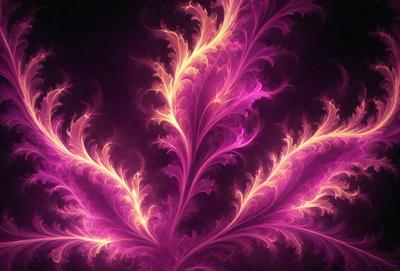 The primary subject of the image is a large, purple, flowery plant with bright pink leaves. The plant is the main focus of the image, and it is set against a dark background. The visual style of the image is a combination of photo and digital art, creating a unique and eye-catching appearance. The dominant colors in the image are purple and pink, giving the scene a vibrant and lively atmosphere.