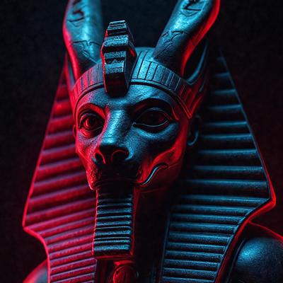 The primary subject of the image is a statue of a pharaoh, likely Egyptian, with a red and blue background. The statue is made of stone and features a head with a black and gold color scheme. The setting is a dark room, which adds to the dramatic atmosphere of the scene. The visual style is a combination of photo and digital art, creating a realistic yet artistic representation of the pharaoh's head. The colors and mood of the image are bold and striking, with the red and blue h