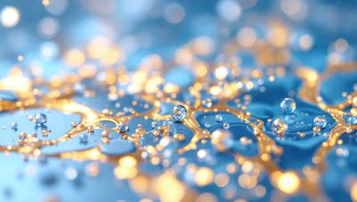 The primary subject of the image is a close-up of a blue surface with yellow bubbles. The setting appears to be a blue ocean, and the visual style is a combination of a photo and digital art. The dominant colors are blue and yellow, creating a vibrant and lively atmosphere.