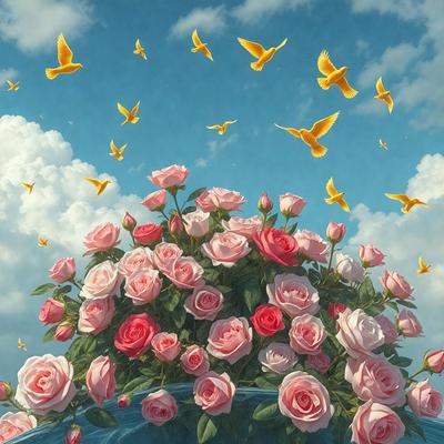 The primary subject of the image is a bouquet of pink roses. The setting is a blue surface, possibly a pool of water, with a cloudy sky in the background. The visual style is a painting, which creates a serene and romantic atmosphere. The dominant colors are pink and blue, with the pink roses being the focal point of the scene.