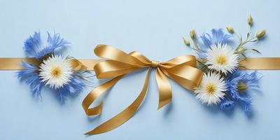 The primary subject of the image is a gold bow with a yellow ribbon, which is placed on a blue background. The visual style of the image is a photo, and the colors and mood are predominantly blue and gold, creating a warm and elegant atmosphere.