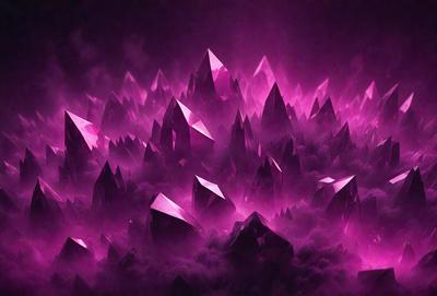 The primary subject of the image is a purple, pink, and white mountain range. The setting is a purple sky, which creates a dramatic backdrop for the mountain range. The visual style is a digital art or illustration, as the mountain range is depicted in a detailed and artistic manner. The colors and mood of the image are predominantly purple and pink, giving the scene a dreamy and surreal atmosphere.