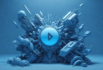 The primary subject of the image is a blue circle with a play button on it, surrounded by various other blue and white shapes. The setting is a blue background, and the visual style appears to be a combination of digital art and illustration. The colors and mood of the image are predominantly blue and white, creating a clean and modern atmosphere.
