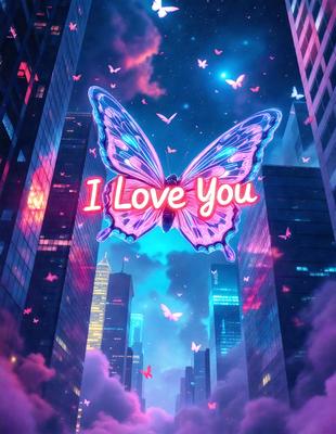 The primary subject of the image is a large, colorful butterfly. The butterfly is flying in front of a city skyline, creating a vibrant and lively atmosphere. The setting is a city environment, with tall buildings and a nighttime sky. The visual style of the image is a combination of digital art and illustration, giving it a unique and eye-catching appearance. The dominant colors in the image are pink, purple, and blue, which contribute to the overall mood of the scene.