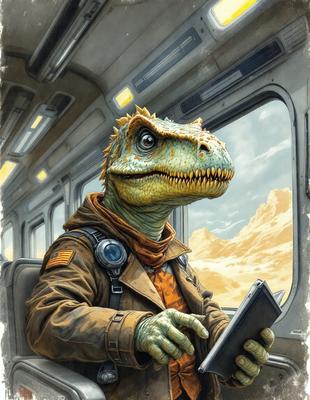 The primary subject of the image is a dinosaur, specifically a green alligator, sitting on a bus. The setting is a bus, with the dinosaur sitting in a seat and looking out the window. The visual style is a digital art or illustration, giving the image a unique and creative appearance. The colors and mood of the image are vibrant and lively, with the green alligator being the main focus of the scene.