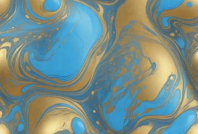The primary subject of the image is a blue and gold swirling pattern, which appears to be a painting or a digital artwork. The setting is a blue background, and the visual style is a combination of photo and digital art. The dominant colors are blue and gold, creating a vibrant and lively atmosphere.