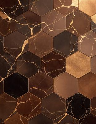The primary subject of the image is a marble wall with a gold-colored pattern. The setting is a room with a brown and gold color scheme. The visual style is a close-up of the marble wall, showcasing the intricate gold pattern. The colors and mood of the image are warm and luxurious, with the gold pattern adding a touch of sophistication and elegance.