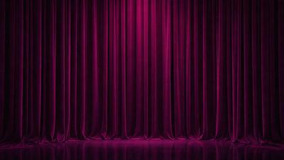 The primary subject of the image is a purple curtain, which is the main object, scene, or focus of the image. The setting is a stage or theater, with the curtain hanging down in front of a purple background. The visual style is a photo, and the colors and mood are predominantly purple, creating a dramatic and theatrical atmosphere.