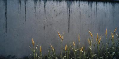 The primary subject of the image is a wall with a pattern of dripping paint. The setting is an outdoor environment, with the wall being the main object in the scene. The visual style is a photo, capturing the dripping paint pattern on the wall. The colors and mood of the image are predominantly dark, with the dripping paint creating a moody atmosphere.