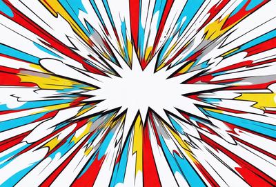 The primary subject of the image is a colorful, abstract explosion of colors and shapes. The setting is a white background, which contrasts with the vibrant colors and patterns of the explosion. The visual style is a mix of digital art and illustration, creating a dynamic and eye-catching scene. The dominant colors are red, blue, yellow, and white, with the explosion giving off a lively and energetic atmosphere.