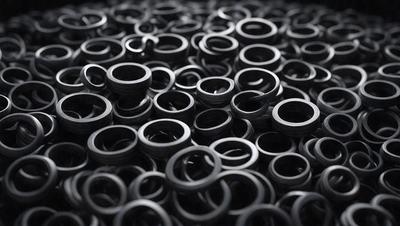 The primary subject of the image is a large pile of black rubber rings. The setting is a dark background, which creates a moody atmosphere. The visual style is a close-up of the rubber rings, showcasing their texture and details. The colors are predominantly black, with the rubber rings being the main focus of the image.