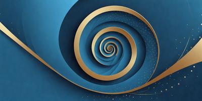 The primary subject of the image is a spiral design, which is the main focus of the image. The spiral is depicted in a blue and gold color scheme, giving it a vibrant and elegant appearance. The setting is a blue background, which complements the spiral design and adds to the overall visual style. The image is a digital art piece, showcasing the artist's skill in creating intricate patterns and designs. The colors and mood of the image are lively and energetic, with the blue
