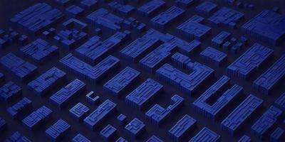 The primary subject of the image is a blue, three-dimensional grid pattern. The setting is a dark blue background, which creates a contrasting and visually striking effect. The visual style is a combination of digital art and illustration, as the grid pattern is created using a computer-generated design. The colors and mood of the image are predominantly dark and moody, with the blue hue adding a sense of depth and sophistication to the overall composition.