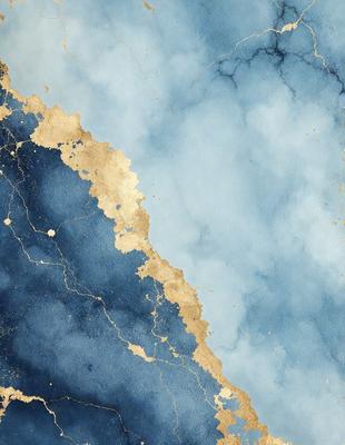 The primary subject of the image is a blue and gold painting of a cloudy sky. The setting is a blue background, and the visual style appears to be a digital art or illustration. The dominant colors in the painting are blue and gold, creating a serene and calming atmosphere.