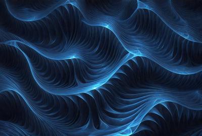 The primary subject of the image is a blue, swirling, and flowing pattern. The setting is a dark background, which contrasts with the vibrant blue color of the pattern. The visual style appears to be a digital art or illustration, as the pattern is intricate and detailed. The colors and mood of the image are predominantly blue, creating a sense of calmness and tranquility.