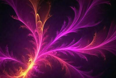 The primary subject of the image is a purple and orange floral pattern. The setting is a dark background, which contrasts with the vibrant colors of the floral pattern. The visual style appears to be a digital art or illustration, as the floral pattern is intricately detailed and the colors are rich and saturated. The overall atmosphere of the image is lively and captivating, with the floral pattern serving as the focal point.