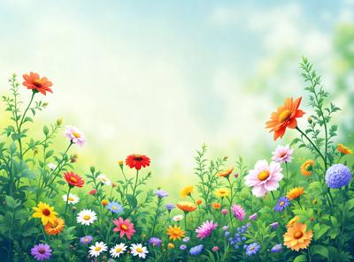 The primary subject of the image is a vibrant and colorful field of flowers. The setting is a lush green field with a blue sky in the background. The visual style is a digital art or illustration, creating a vivid and cheerful atmosphere. The colors and mood of the image are predominantly bright and cheerful, with the flowers being the main focus and source of color.