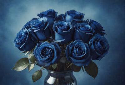 The primary subject of the image is a vase filled with blue roses. The setting is a dark background, which contrasts with the bright blue color of the roses. The visual style is a close-up of the vase, showcasing the beautiful arrangement of the blue roses. The colors and mood of the image are predominantly blue, creating a serene and calming atmosphere.