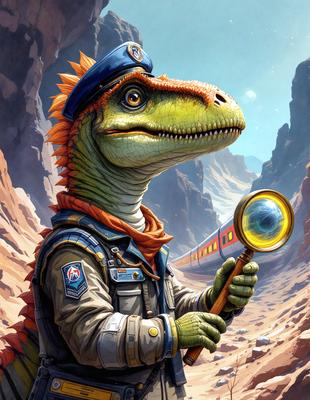 The primary subject of the image is a cartoon dinosaur, specifically a T-Rex, wearing a hat and holding a magnifying glass. The setting is a rocky landscape, with the dinosaur standing in front of a train. The visual style is a digital art illustration, and the colors and mood are vibrant and lively.