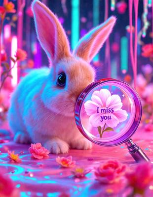 The primary subject of the image is a cute bunny rabbit. The setting is a pink background with a purple magnifying glass. The visual style is a combination of photo and digital art, creating a whimsical and playful atmosphere. The dominant colors are pink and purple, which contribute to the overall mood of the image.