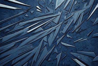 The primary subject of the image is a blue background with a pattern of triangular shapes. The setting appears to be a futuristic or abstract environment. The visual style is a combination of digital art and illustration, creating a unique and intriguing design. The dominant colors are blue and black, giving the image a cool and modern atmosphere.