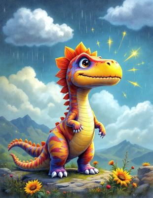 Primary subject: Dinosaur
Setting/background: Cloudy sky, mountains, and flowers
Visual style: Digital art
Colors and mood: Bright, vibrant colors with a playful and whimsical atmosphere