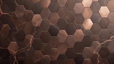 The primary subject of the image is a close-up of a marble tile wall with a pattern of hexagons. The setting is a room with a brown tile floor. The visual style is a photo of the tile wall, showcasing the intricate pattern and texture of the marble. The colors and mood of the image are warm and earthy, with the marble tiles providing a natural and elegant appearance.