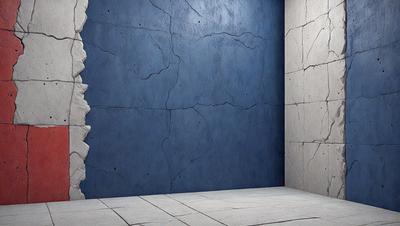 The primary subject of the image is a blue wall with a rough texture, giving it a unique and interesting appearance. The setting is a room with a concrete wall, and the visual style is a digital art or illustration. The dominant colors in the image are blue and grey, creating a calm and serene atmosphere.