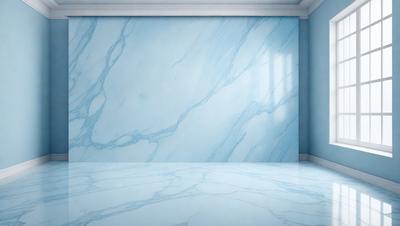The primary subject of the image is a large, blue marble wall. The setting is a room with a blue wall, and the visual style is a photo. The dominant colors are blue and white, creating a calm and serene atmosphere.