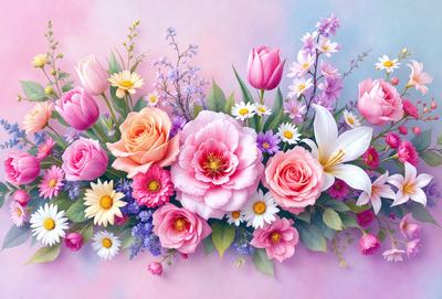 The primary subject of the image is a beautiful bouquet of flowers, featuring a variety of pink and purple hues. The flowers are arranged in a vase, creating a visually appealing and colorful display. The setting is a pink and purple background, which complements the flowers and adds to the overall mood of the image. The visual style of the image is a combination of photo and digital art, resulting in a high-quality and detailed representation of the flowers.