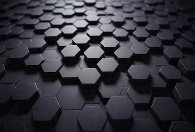 The primary subject of the image is a pattern of black hexagons, which are arranged in a checkered pattern. The setting is a black background, which contrasts with the black hexagons. The visual style is a close-up of the hexagons, showcasing their intricate design. The colors and mood of the image are predominantly dark and moody, with the black hexagons being the main focus.